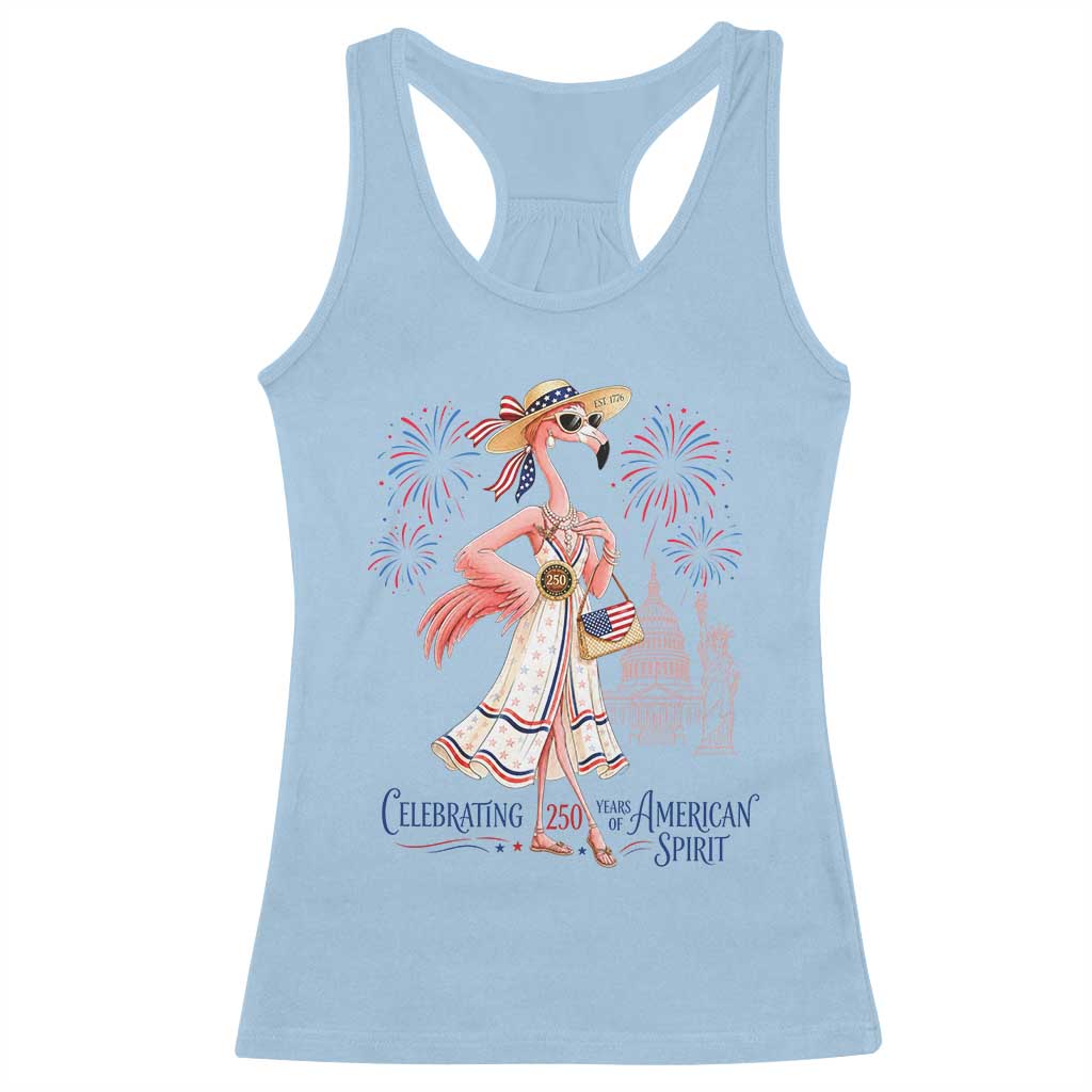 Celebrating 250 Years of American Spirit Flamingo Racerback Tank Top Cute Patriotic Tropical Bird Summer Landmarks Fireworks TS02 Light Blue Print Your Wear