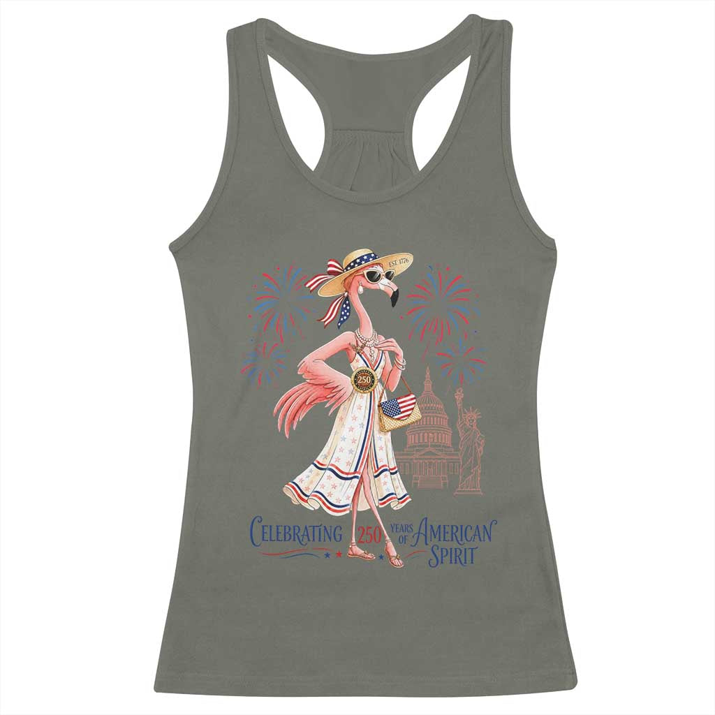 Celebrating 250 Years of American Spirit Flamingo Racerback Tank Top Cute Patriotic Tropical Bird Summer Landmarks Fireworks TS02 Military Green Print Your Wear