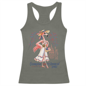 Celebrating 250 Years of American Spirit Flamingo Racerback Tank Top Cute Patriotic Tropical Bird Summer Landmarks Fireworks TS02 Military Green Print Your Wear