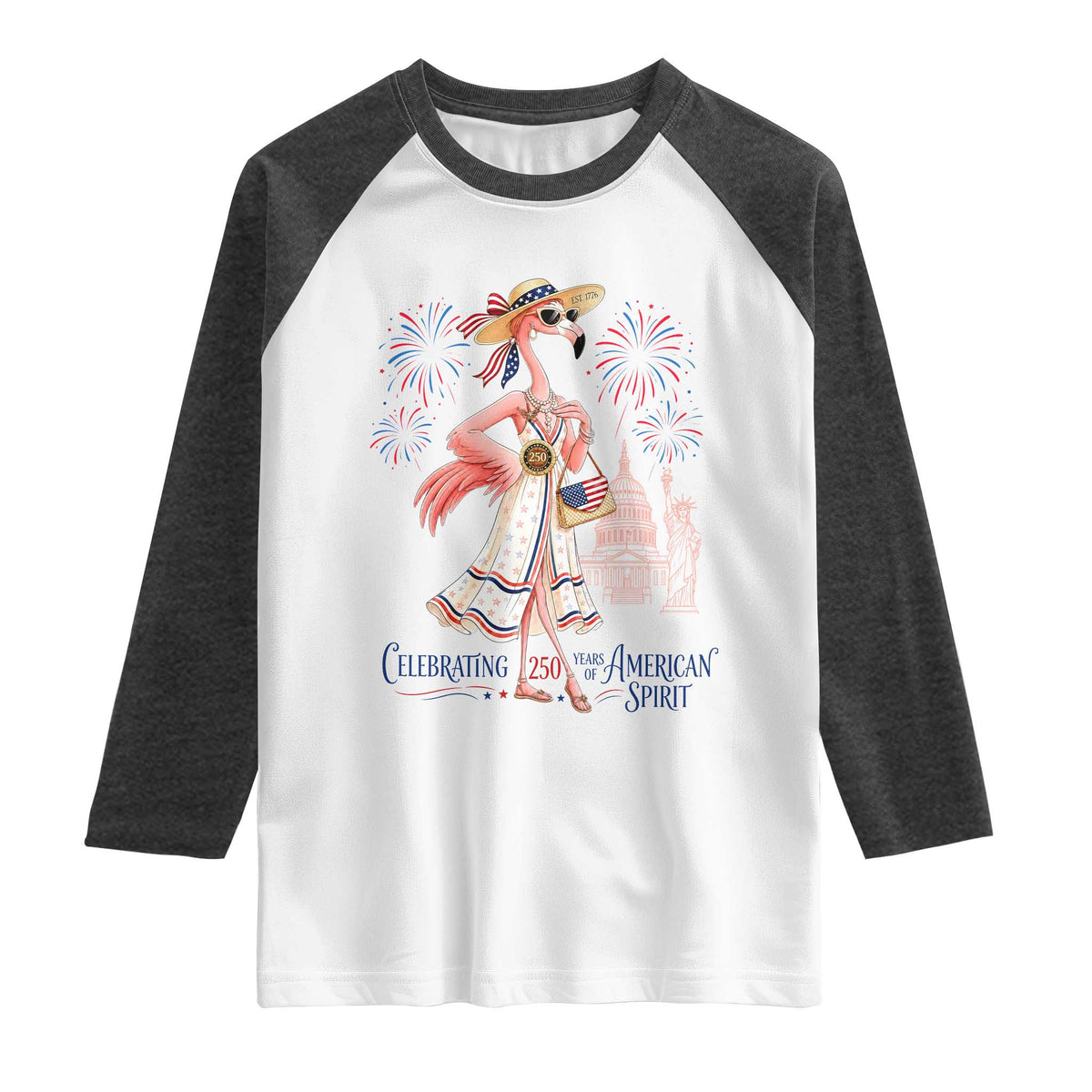 Celebrating 250 Years of American Spirit Flamingo Raglan Shirt Cute Patriotic Tropical Bird Summer Landmarks Fireworks TS02 White Heather Charcoal Print Your Wear
