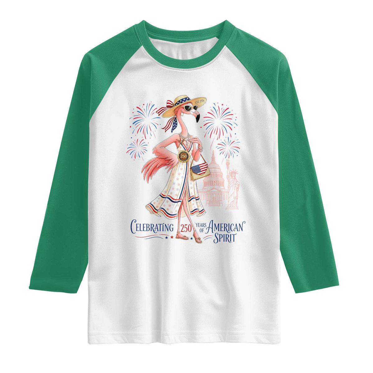 Celebrating 250 Years of American Spirit Flamingo Raglan Shirt Cute Patriotic Tropical Bird Summer Landmarks Fireworks TS02 White Kelly Green Print Your Wear