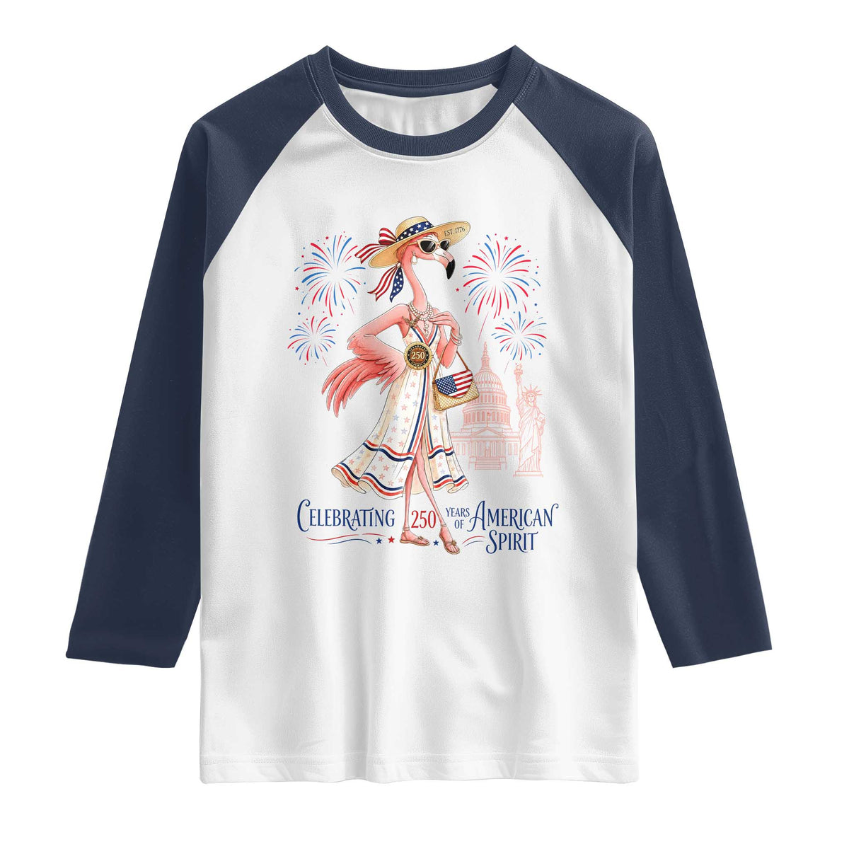 Celebrating 250 Years of American Spirit Flamingo Raglan Shirt Cute Patriotic Tropical Bird Summer Landmarks Fireworks TS02 White Navy Print Your Wear