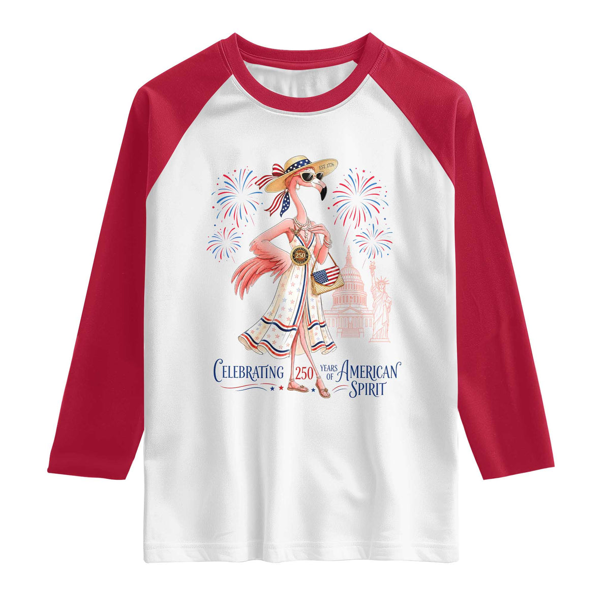 Celebrating 250 Years of American Spirit Flamingo Raglan Shirt Cute Patriotic Tropical Bird Summer Landmarks Fireworks TS02 White Red Print Your Wear