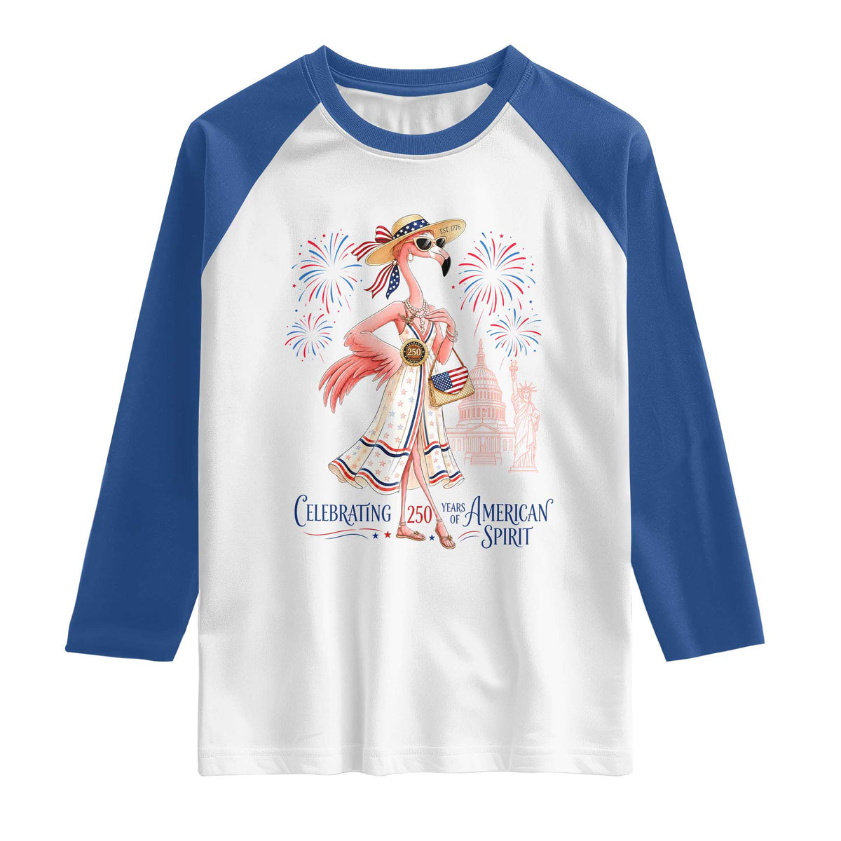 Celebrating 250 Years of American Spirit Flamingo Raglan Shirt Cute Patriotic Tropical Bird Summer Landmarks Fireworks TS02 White Royal Print Your Wear
