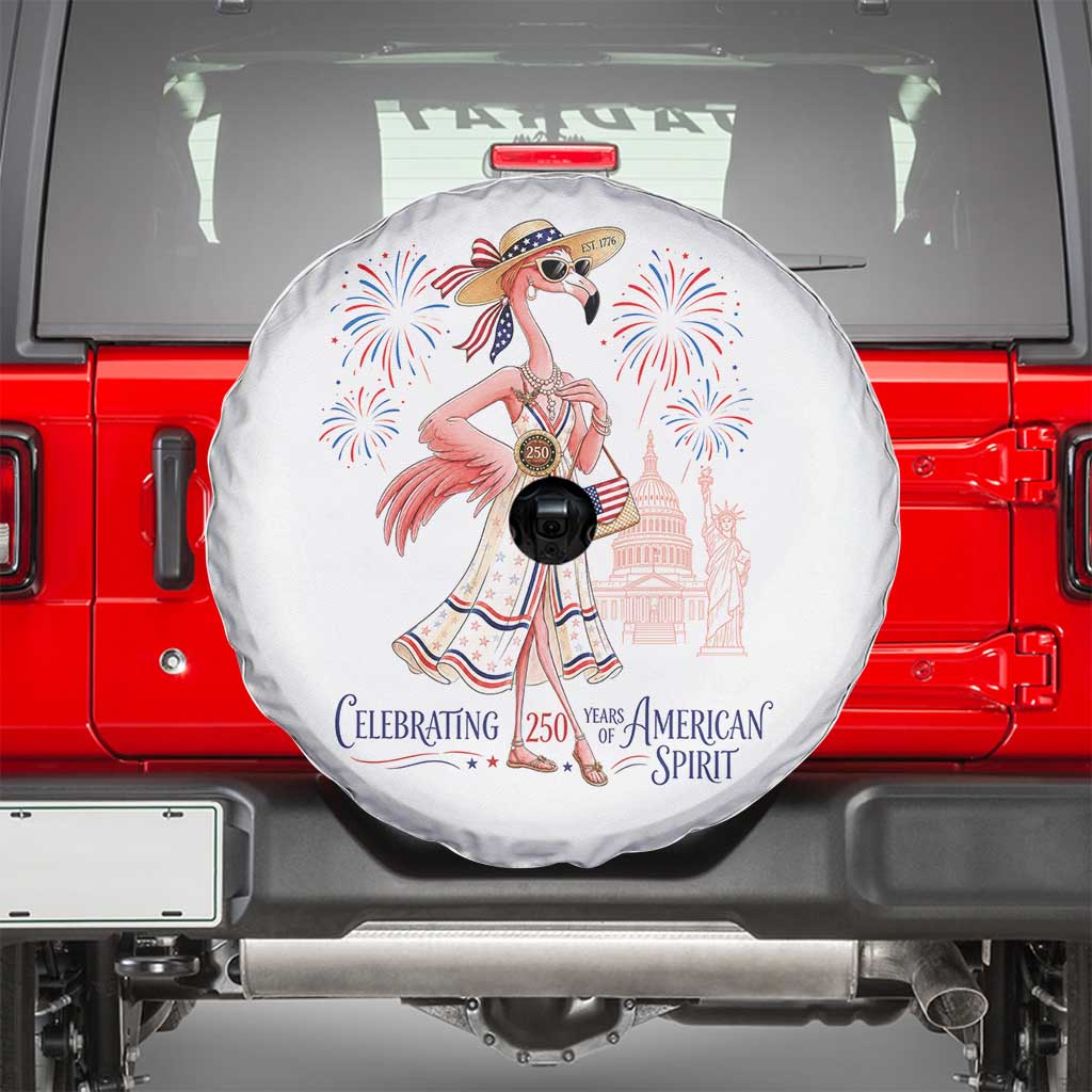 Celebrating 250 Years of American Spirit Flamingo Spare Tire Cover Cute Patriotic Tropical Bird Summer Landmarks Fireworks TS02 White Print Your Wear