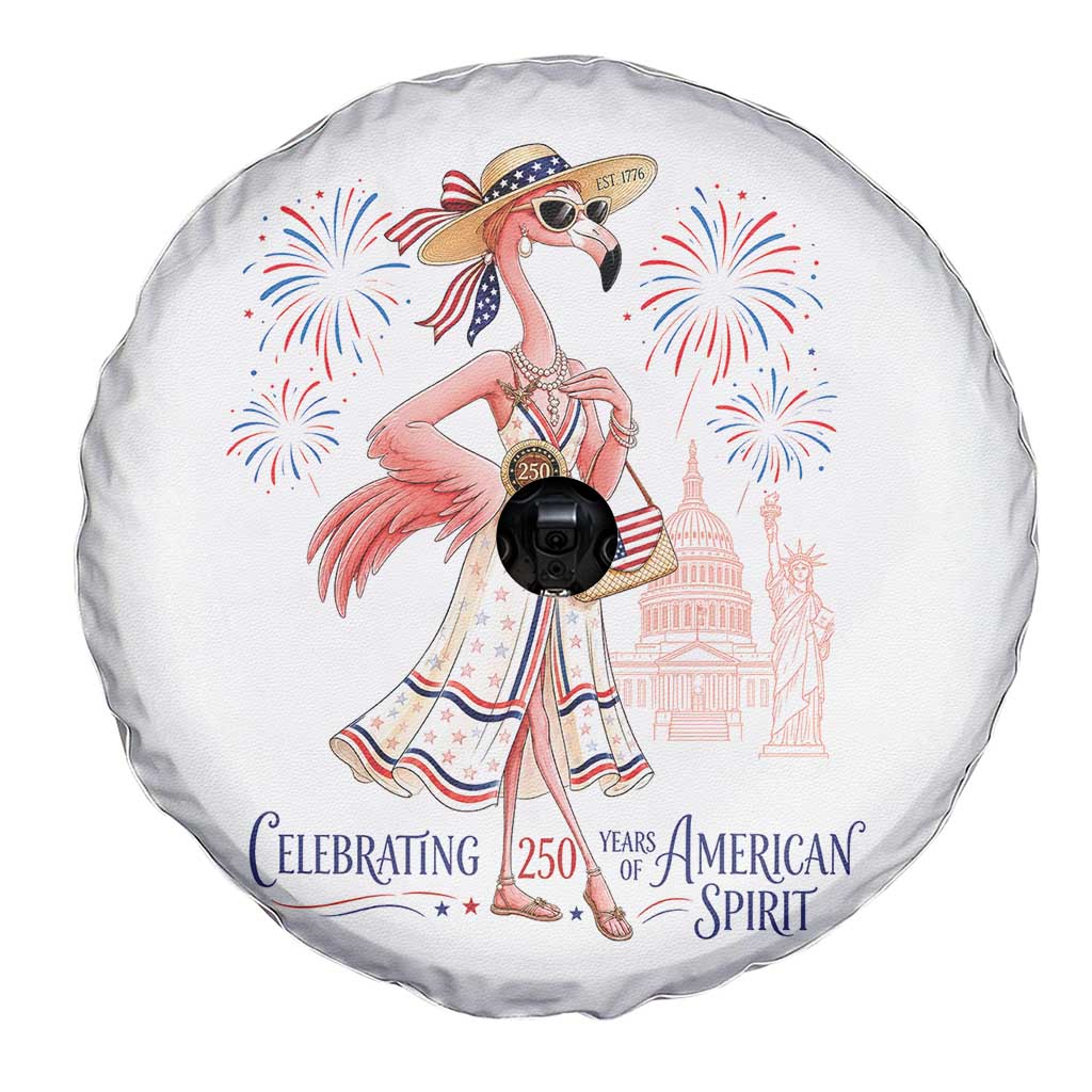 Celebrating 250 Years of American Spirit Flamingo Spare Tire Cover Cute Patriotic Tropical Bird Summer Landmarks Fireworks TS02 Print Your Wear