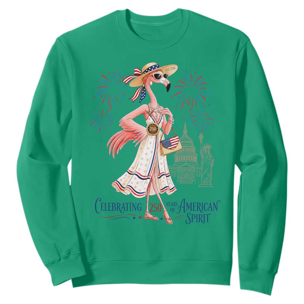 Celebrating 250 Years of American Spirit Flamingo Sweatshirt Cute Patriotic Tropical Bird Summer Landmarks Fireworks TS02 Irish Green Print Your Wear