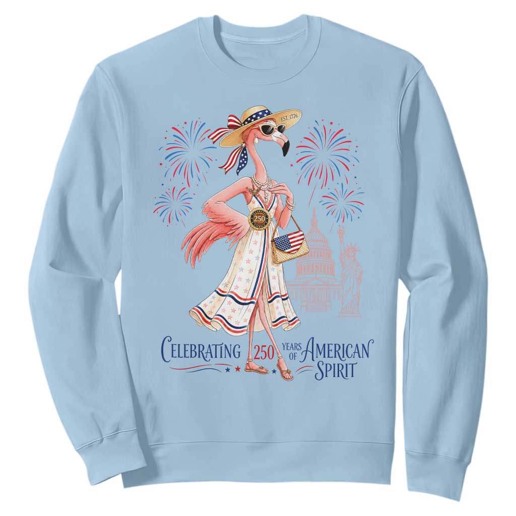 Celebrating 250 Years of American Spirit Flamingo Sweatshirt Cute Patriotic Tropical Bird Summer Landmarks Fireworks TS02 Light Blue Print Your Wear
