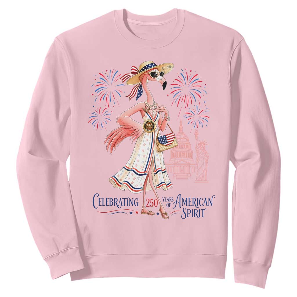 Celebrating 250 Years of American Spirit Flamingo Sweatshirt Cute Patriotic Tropical Bird Summer Landmarks Fireworks TS02 Light Pink Print Your Wear