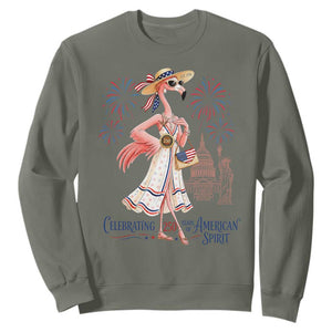 Celebrating 250 Years of American Spirit Flamingo Sweatshirt Cute Patriotic Tropical Bird Summer Landmarks Fireworks TS02 Military Green Print Your Wear