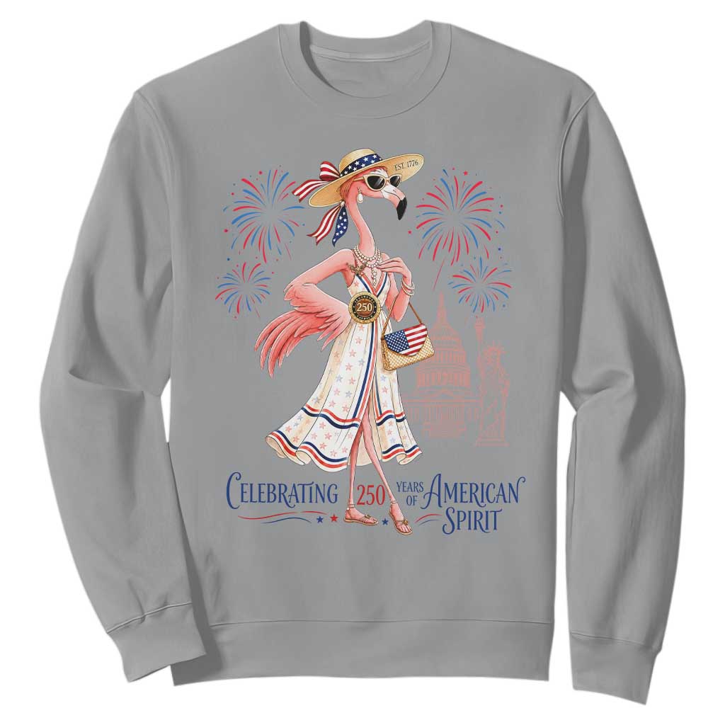 Celebrating 250 Years of American Spirit Flamingo Sweatshirt Cute Patriotic Tropical Bird Summer Landmarks Fireworks TS02 Sport Gray Print Your Wear