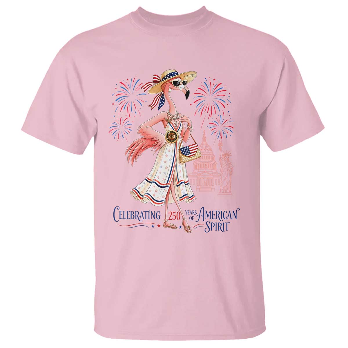 Celebrating 250 Years of American Spirit Flamingo T Shirt Cute Patriotic Tropical Bird Summer Landmarks Fireworks TS02 Light Pink Print Your Wear