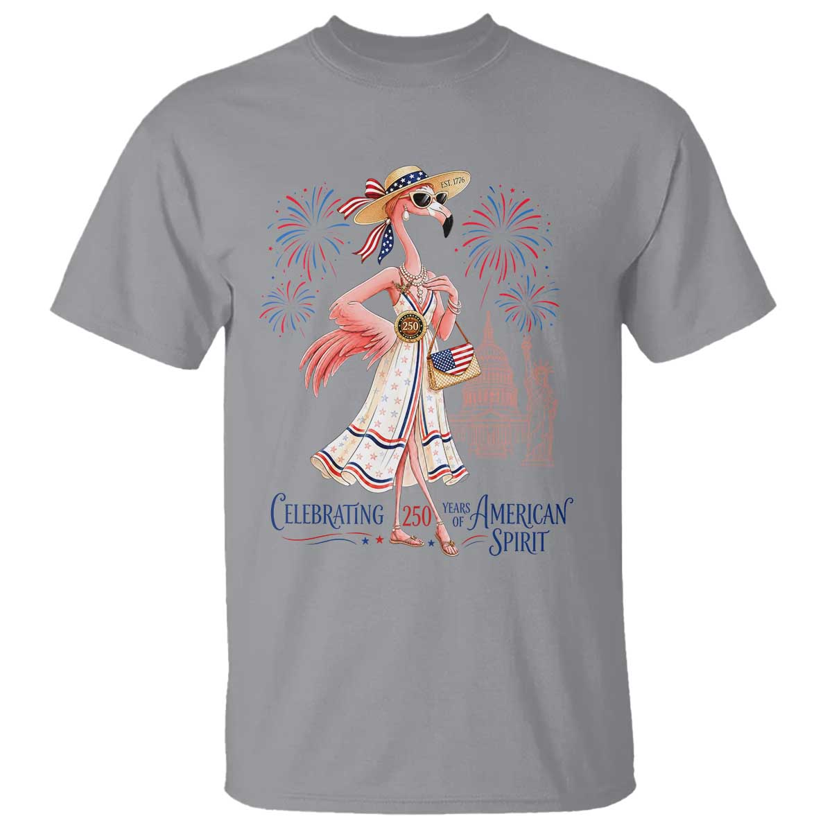 Celebrating 250 Years of American Spirit Flamingo T Shirt Cute Patriotic Tropical Bird Summer Landmarks Fireworks TS02 Sport Gray Print Your Wear