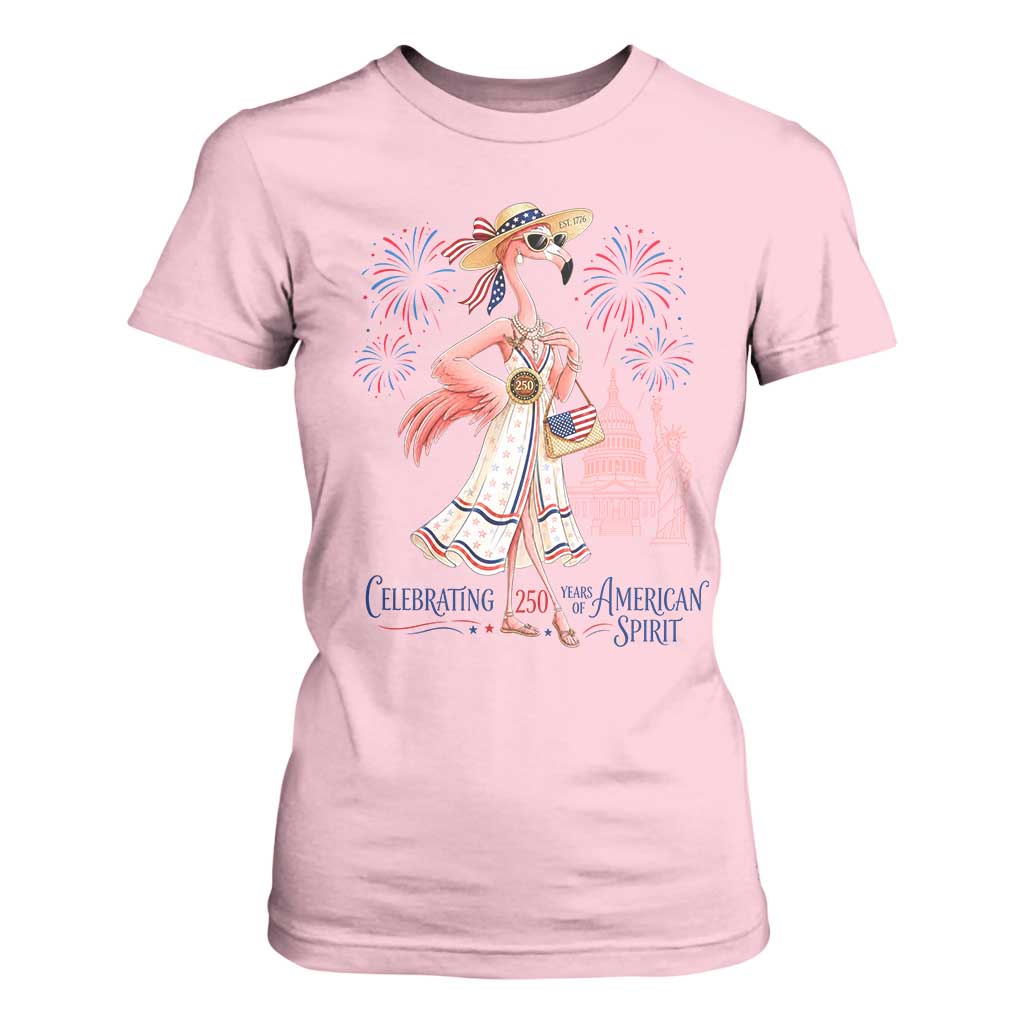 Celebrating 250 Years of American Spirit Flamingo T Shirt For Women Cute Patriotic Tropical Bird Summer Landmarks Fireworks TS02 Light Pink Print Your Wear