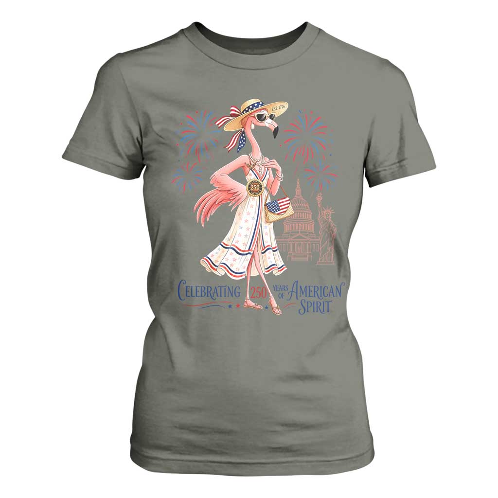Celebrating 250 Years of American Spirit Flamingo T Shirt For Women Cute Patriotic Tropical Bird Summer Landmarks Fireworks TS02 Military Green Print Your Wear