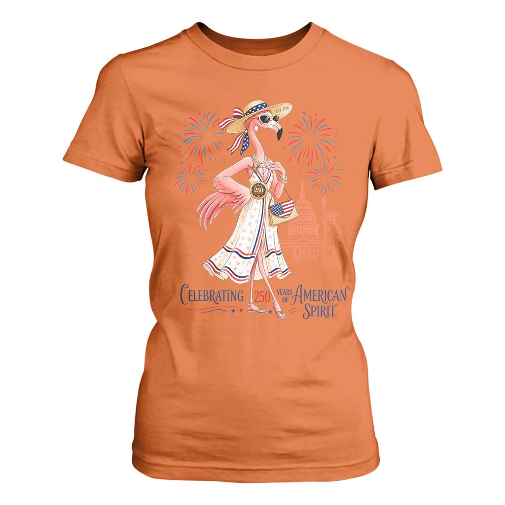 Celebrating 250 Years of American Spirit Flamingo T Shirt For Women Cute Patriotic Tropical Bird Summer Landmarks Fireworks TS02 Orange Print Your Wear