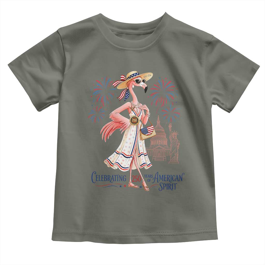 Celebrating 250 Years of American Spirit Flamingo Toddler T Shirt Cute Patriotic Tropical Bird Summer Landmarks Fireworks TS02 Military Green Print Your Wear