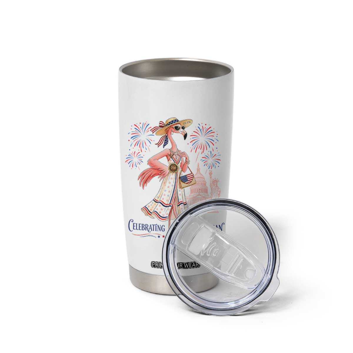 Celebrating 250 Years of American Spirit Flamingo Tumbler Cup Cute Patriotic Tropical Bird Summer Landmarks Fireworks TS02 Print Your Wear