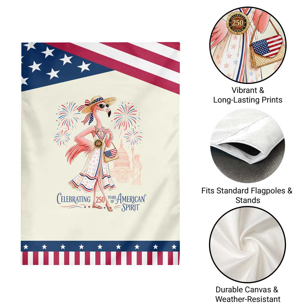 Celebrating 250 Years of American Spirit Flamingo Patriotic Garden Flag Cute Tropical Bird Summer Landmarks Fireworks