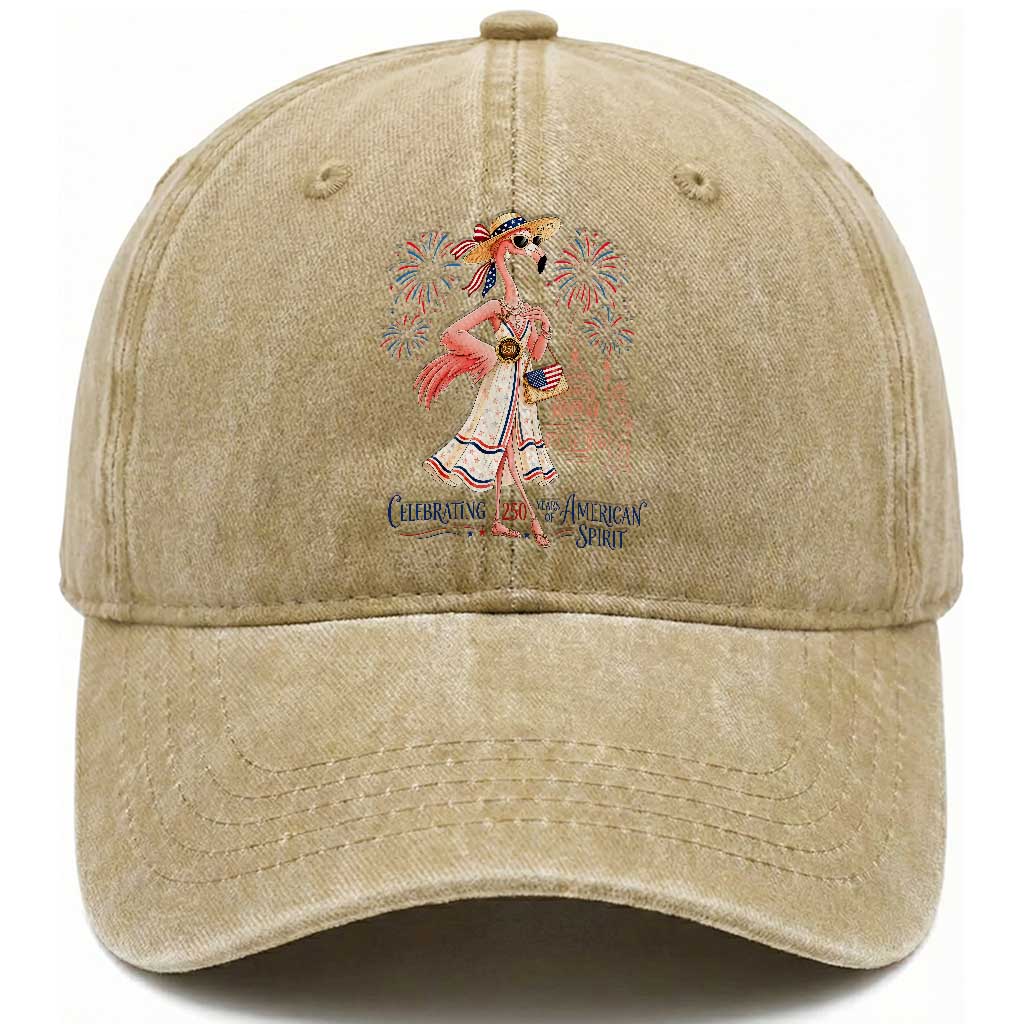 Celebrating 250 Years of American Spirit Flamingo Washed Cotton Baseball Cap Cute Patriotic Tropical Bird Summer Landmarks Fireworks TS02 Print Your Wear