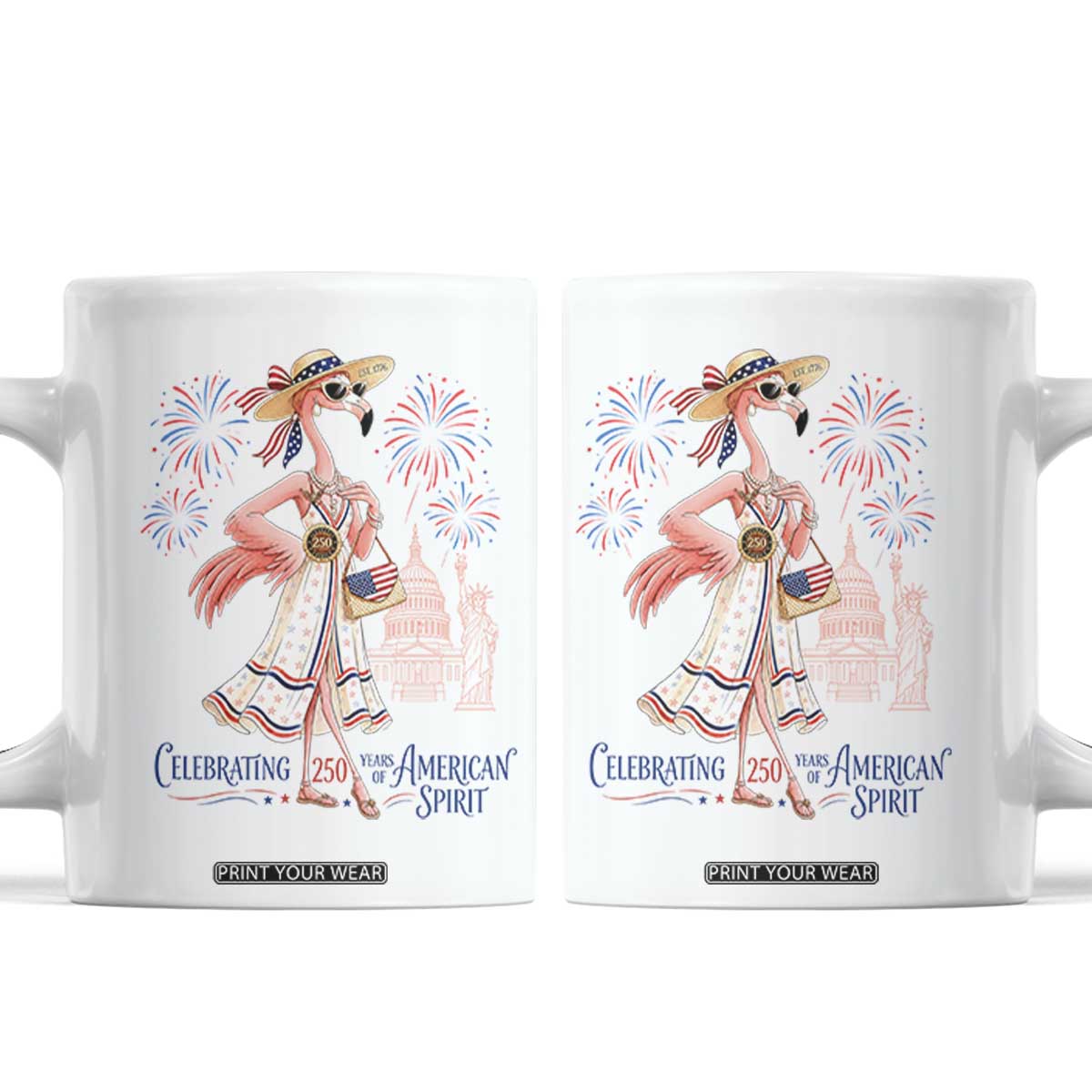 Celebrating 250 Years of American Spirit Flamingo Coffee Mug Cute Patriotic Tropical Bird Summer Landmarks Fireworks