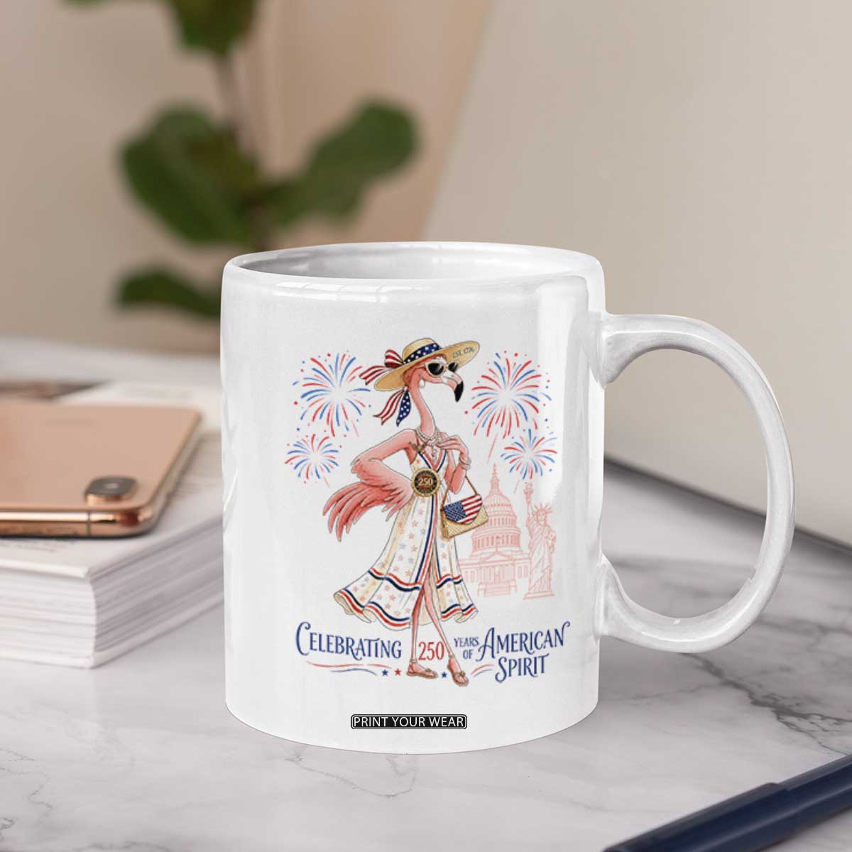 Celebrating 250 Years of American Spirit Flamingo Coffee Mug Cute Patriotic Tropical Bird Summer Landmarks Fireworks TS02 Print Your Wear