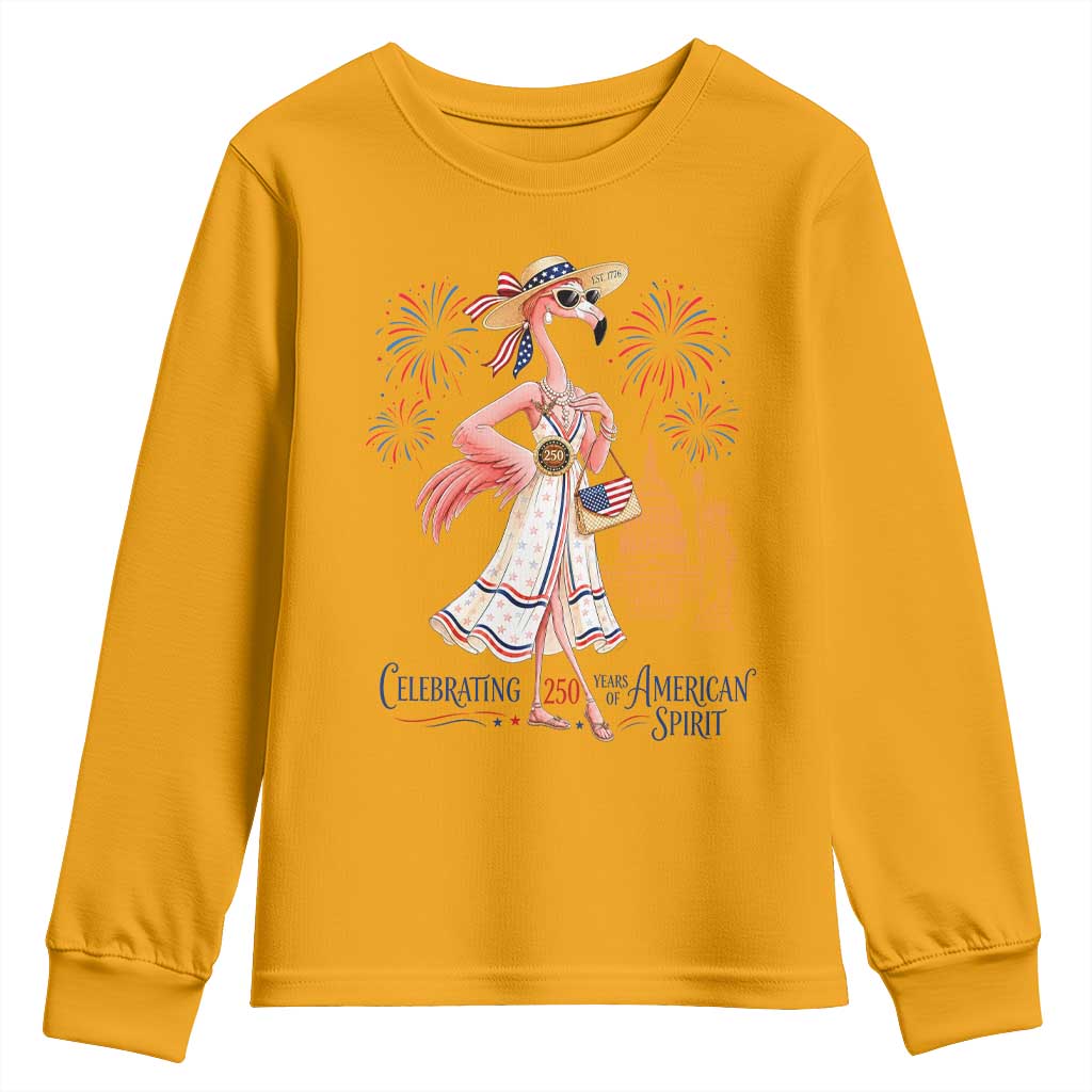Celebrating 250 Years of American Spirit Flamingo Youth Sweatshirt Cute Patriotic Tropical Bird Summer Landmarks Fireworks TS02 Gold Print Your Wear