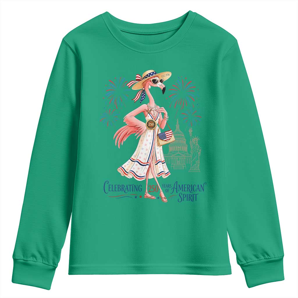 Celebrating 250 Years of American Spirit Flamingo Youth Sweatshirt Cute Patriotic Tropical Bird Summer Landmarks Fireworks TS02 Irish Green Print Your Wear