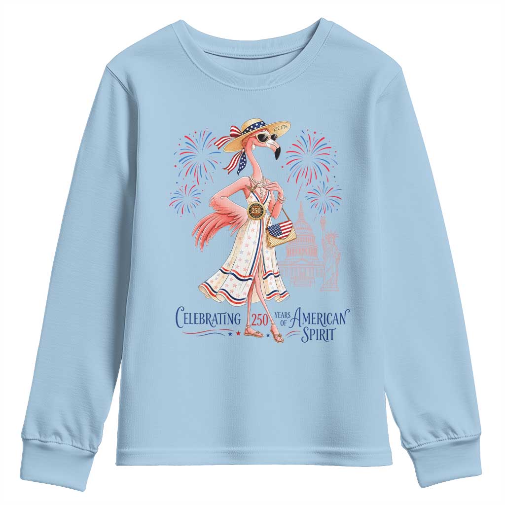 Celebrating 250 Years of American Spirit Flamingo Youth Sweatshirt Cute Patriotic Tropical Bird Summer Landmarks Fireworks TS02 Light Blue Print Your Wear
