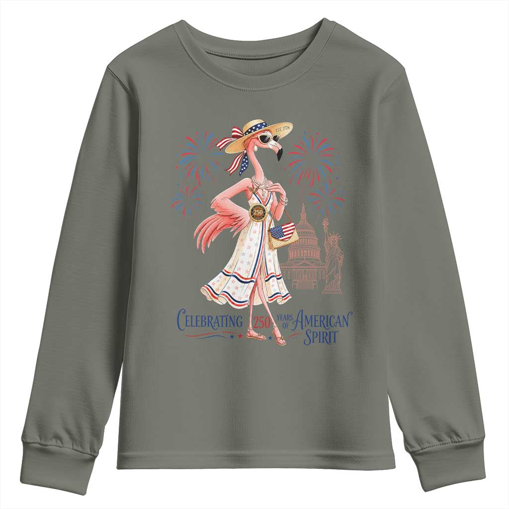 Celebrating 250 Years of American Spirit Flamingo Youth Sweatshirt Cute Patriotic Tropical Bird Summer Landmarks Fireworks TS02 Military Green Print Your Wear