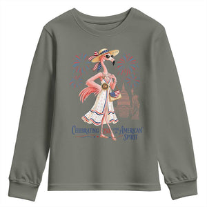 Celebrating 250 Years of American Spirit Flamingo Youth Sweatshirt Cute Patriotic Tropical Bird Summer Landmarks Fireworks TS02 Military Green Print Your Wear