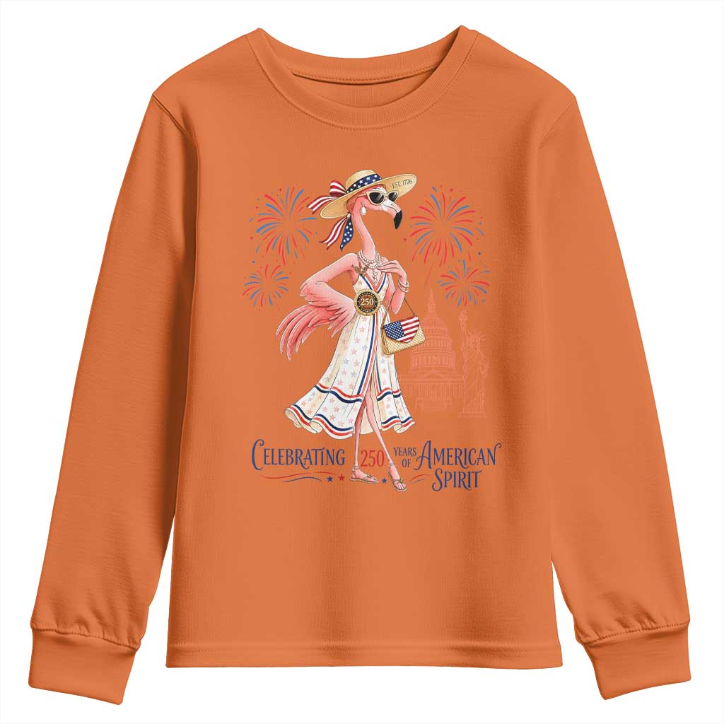 Celebrating 250 Years of American Spirit Flamingo Youth Sweatshirt Cute Patriotic Tropical Bird Summer Landmarks Fireworks TS02 Orange Print Your Wear