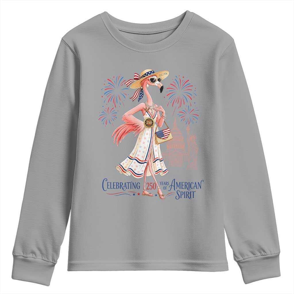 Celebrating 250 Years of American Spirit Flamingo Youth Sweatshirt Cute Patriotic Tropical Bird Summer Landmarks Fireworks TS02 Sport Gray Print Your Wear