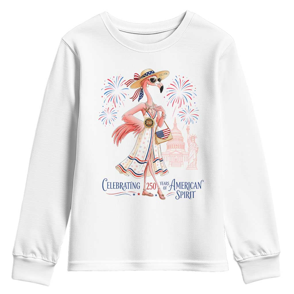 Celebrating 250 Years of American Spirit Flamingo Youth Sweatshirt Cute Patriotic Tropical Bird Summer Landmarks Fireworks TS02 White Print Your Wear