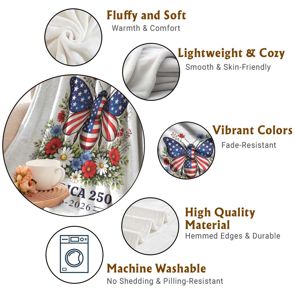 America 250 Patriotic Butterfly Floral Graphic Throw Blanket American Flag Wings Watercolor Wildflowers 1776 to 2026 Semiquincentennial TS02 Print Your Wear