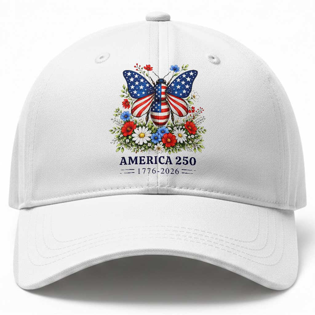 America 250 Patriotic Butterfly Floral Graphic Baseball Cap American Flag Wings Watercolor Wildflowers 1776 to 2026 Semiquincentennial TS02 Print Your Wear