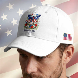 America 250 Patriotic Butterfly Floral Graphic Baseball Cap American Flag Wings Watercolor Wildflowers 1776 to 2026 Semiquincentennial TS02 Print Your Wear