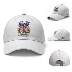 America 250 Patriotic Butterfly Floral Graphic Baseball Cap American Flag Wings Watercolor Wildflowers 1776 to 2026 Semiquincentennial TS02 Baseball Cap Universal Fit White Print Your Wear