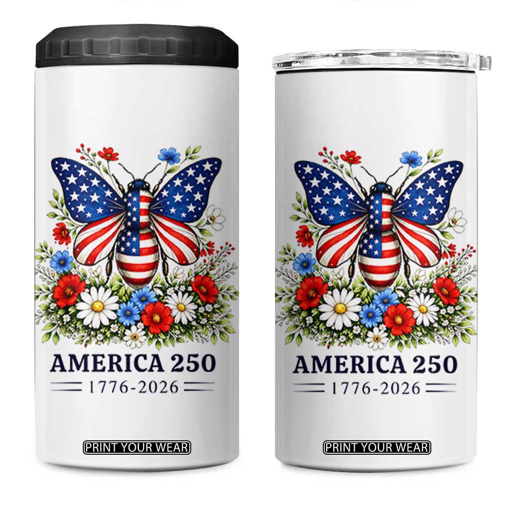 America 250 Patriotic Butterfly Floral Graphic 4 in 1 Can Cooler Tumbler American Flag Wings Watercolor Wildflowers 1776 to 2026 Semiquincentennial TS02 One Size: 16 oz White Print Your Wear