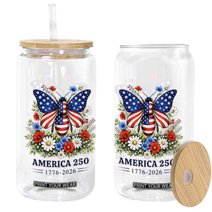 America 250 Patriotic Butterfly Floral Graphic Glass Can American Flag Wings Watercolor Wildflowers 1776 to 2026 Semiquincentennial TS02 Print Your Wear