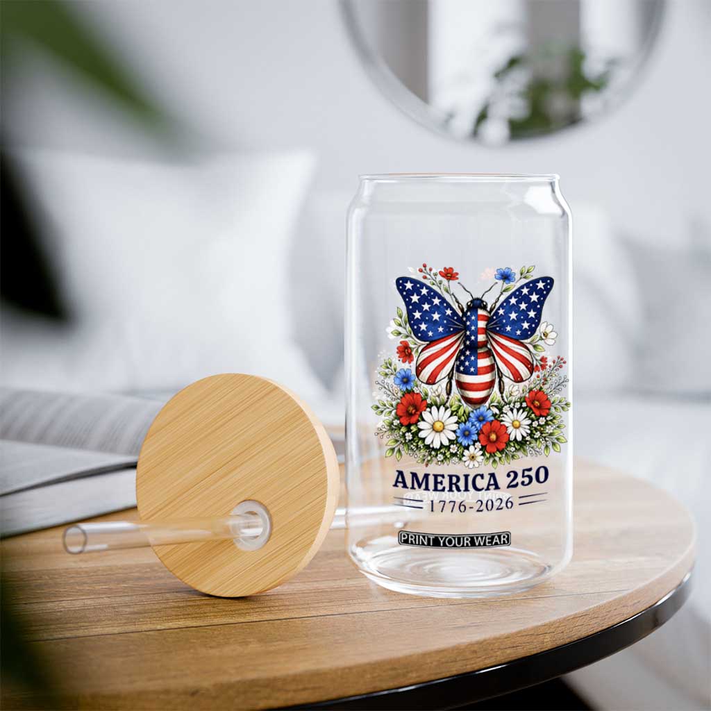 America 250 Patriotic Butterfly Floral Graphic Glass Can American Flag Wings Watercolor Wildflowers 1776 to 2026 Semiquincentennial TS02 Print Your Wear