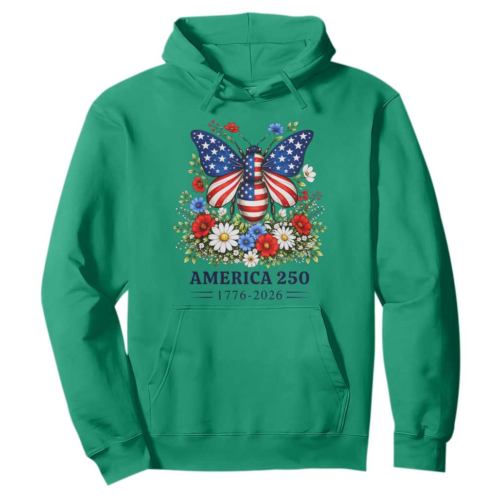 America 250 Patriotic Butterfly Floral Graphic Hoodie American Flag Wings Watercolor Wildflowers 1776 to 2026 Semiquincentennial