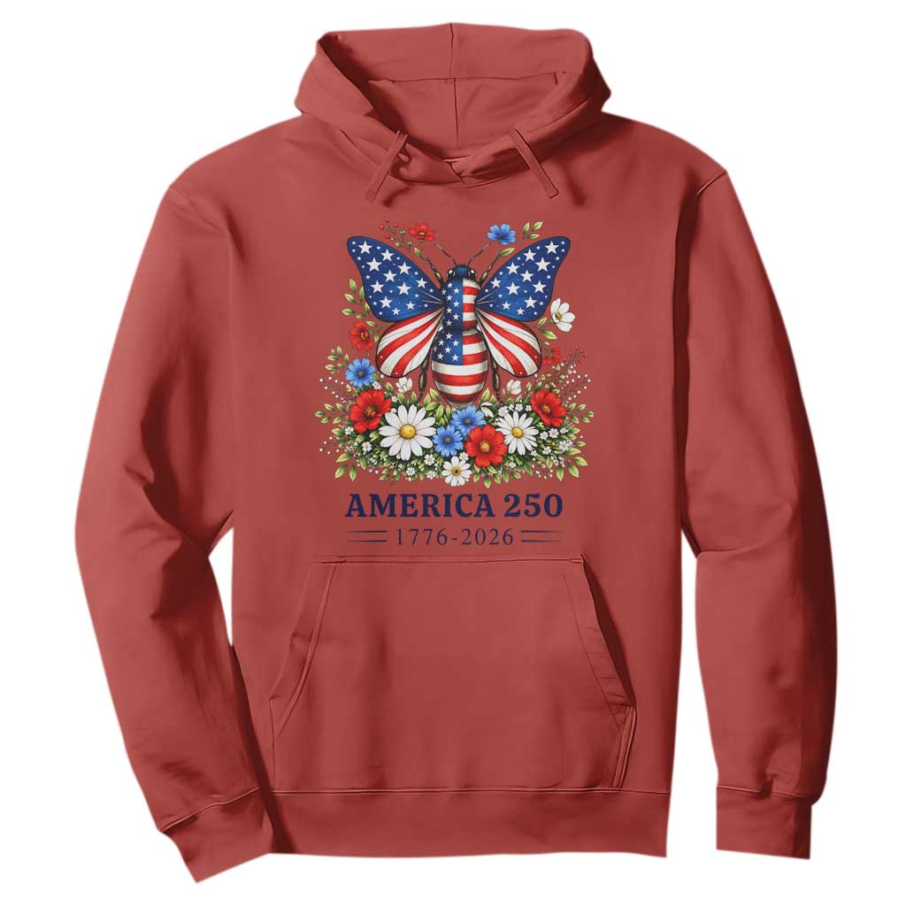 America 250 Patriotic Butterfly Floral Graphic Hoodie American Flag Wings Watercolor Wildflowers 1776 to 2026 Semiquincentennial