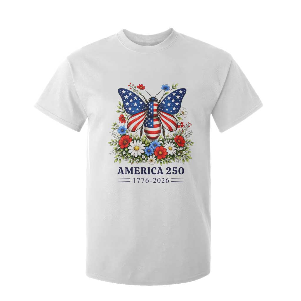 America 250 Patriotic Butterfly Floral Graphic T Shirt For Kid American Flag Wings Watercolor Wildflowers 1776 to 2026 Semiquincentennial