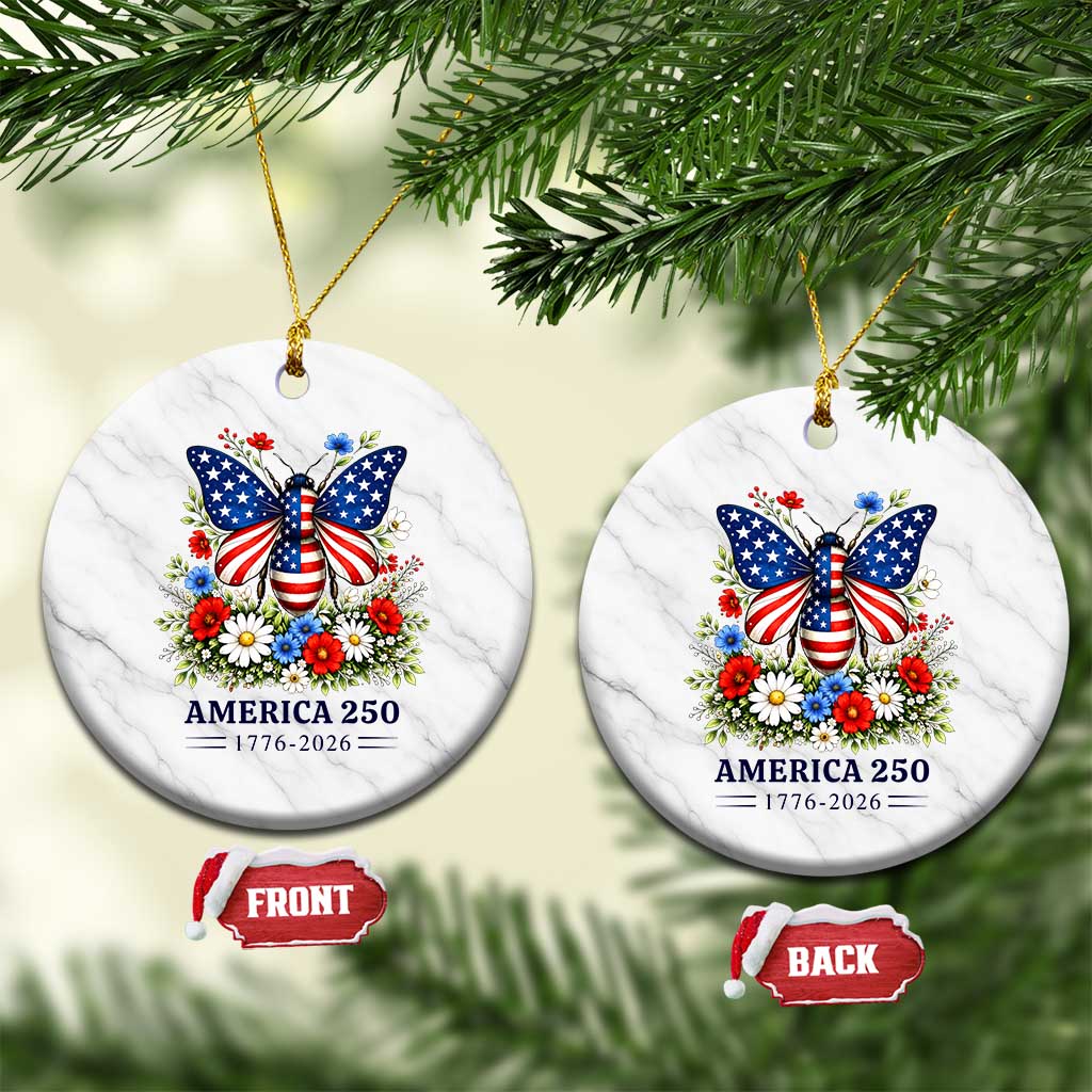 America 250 Patriotic Butterfly Floral Graphic Ceramic Ornament American Flag Wings Watercolor Wildflowers 1776 to 2026 Semiquincentennial TS02 1pc White Marble Print Your Wear