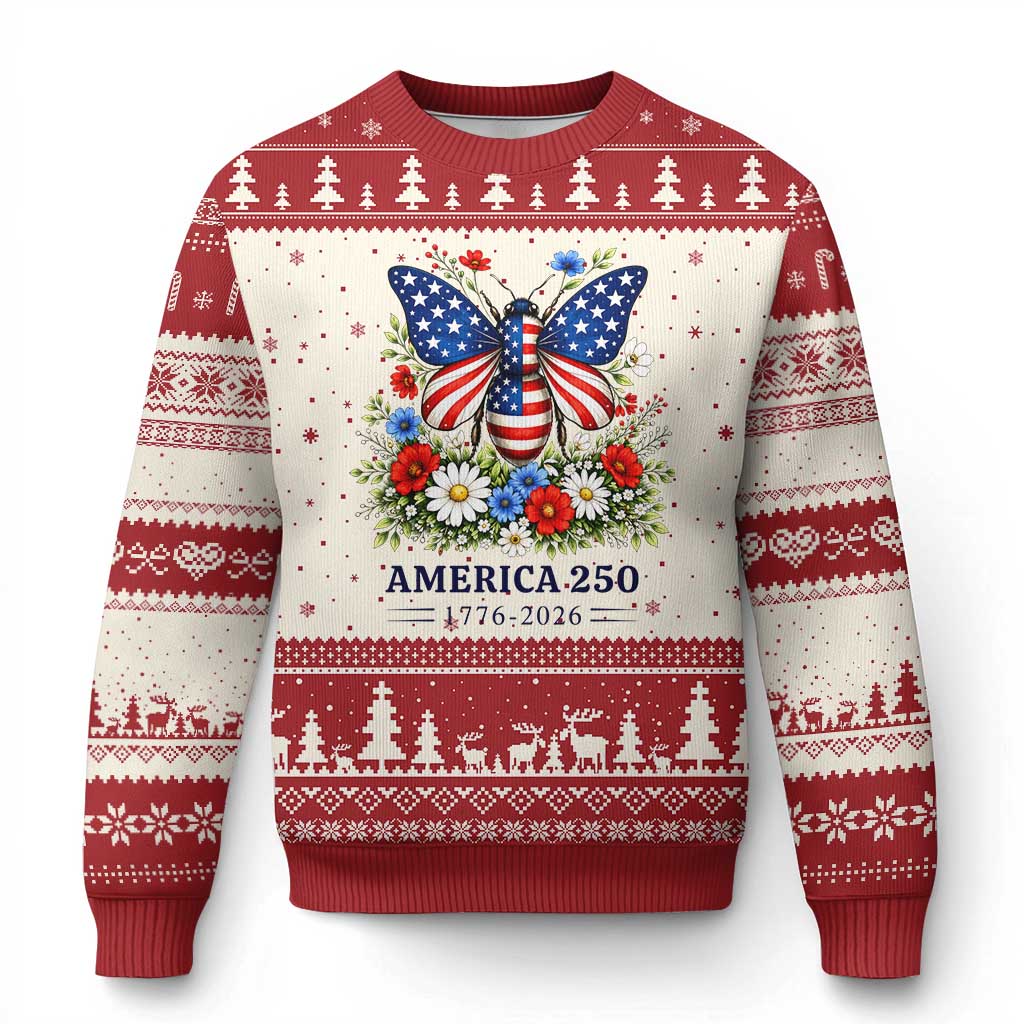 America 250 Patriotic Butterfly Floral Graphic Ugly Christmas Sweater American Flag Wings Watercolor Wildflowers 1776 to 2026 Semiquincentennial TS02 Beige Red Print Your Wear