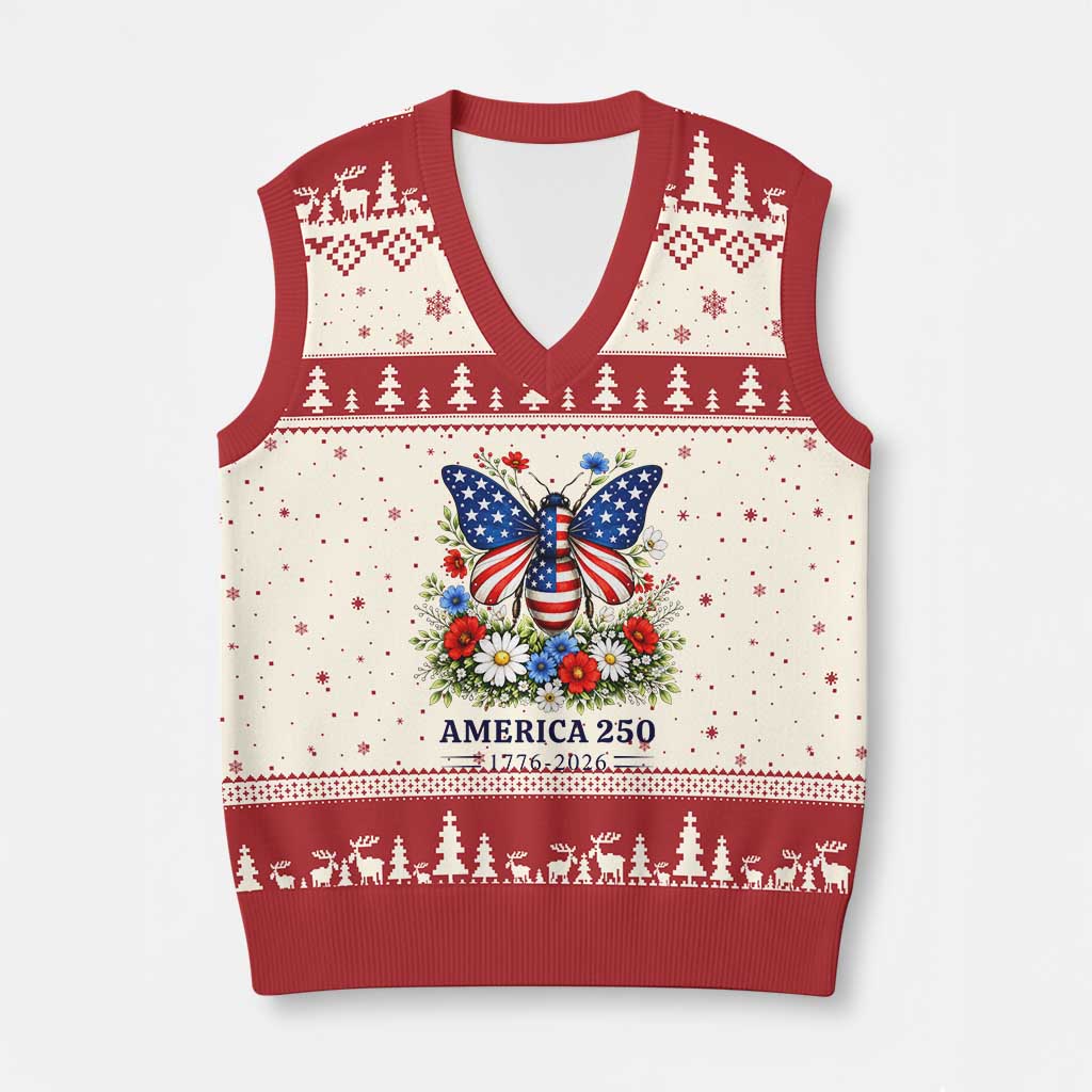 America 250 Patriotic Butterfly Floral Graphic V-Neck Knit Sweater Vest American Flag Wings Watercolor Wildflowers 1776 to 2026 Semiquincentennial TS02 Beige Red Print Your Wear