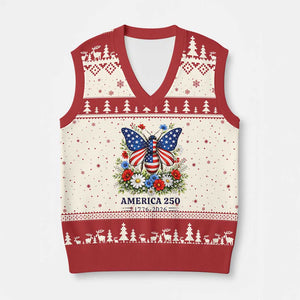 America 250 Patriotic Butterfly Floral Graphic V-Neck Knit Sweater Vest American Flag Wings Watercolor Wildflowers 1776 to 2026 Semiquincentennial TS02 Beige Red Print Your Wear