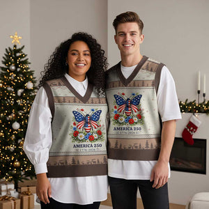 America 250 Patriotic Butterfly Floral Graphic V-Neck Knit Sweater Vest American Flag Wings Watercolor Wildflowers 1776 to 2026 Semiquincentennial TS02 Mocha Mousse Print Your Wear