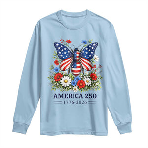 America 250 Patriotic Butterfly Floral Graphic Long Sleeve Shirt American Flag Wings Watercolor Wildflowers 1776 to 2026 Semiquincentennial TS02 Light Blue Print Your Wear